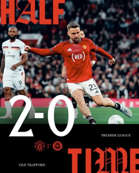曼联2-0布伦特福德半场数据：控球率46%-54%，射门总数8-5